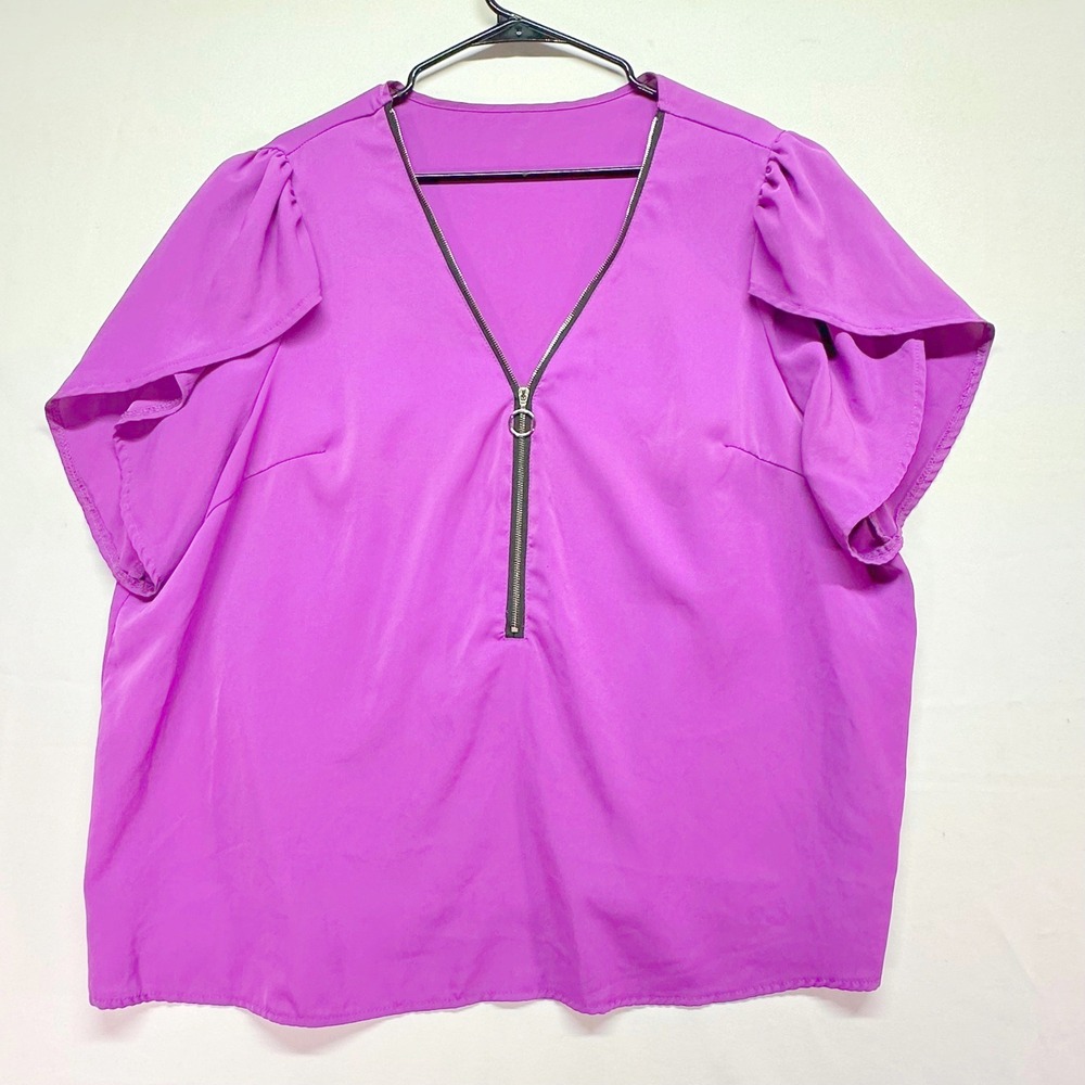 SHEIN Curve Purple Flutter Sleeve O-Ring Half Zip Blouse Plus Size 3XL
